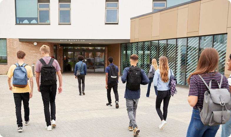 Students entering a college building protected by fire sprinklers