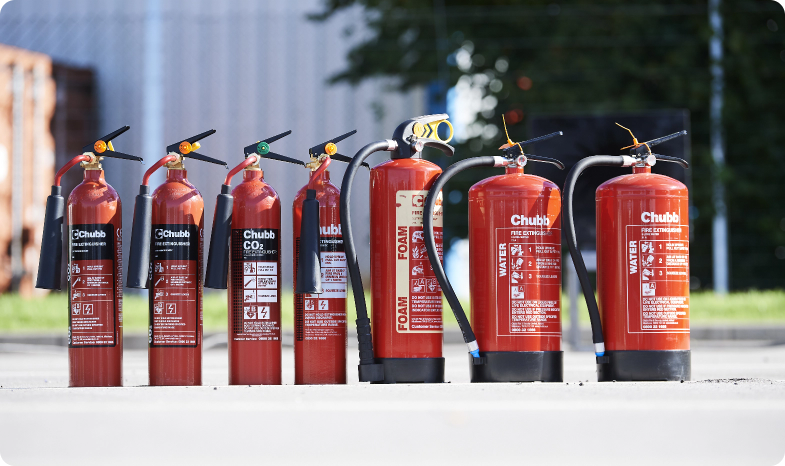 A range of water, foam, CO2, dry powder, and wet chemical fire extinguishers from Chubb Fire & Security