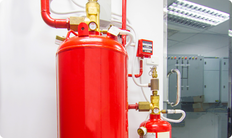 Gas cylinders connected to pipes, protecting data centres, server rooms, and electronic equipment