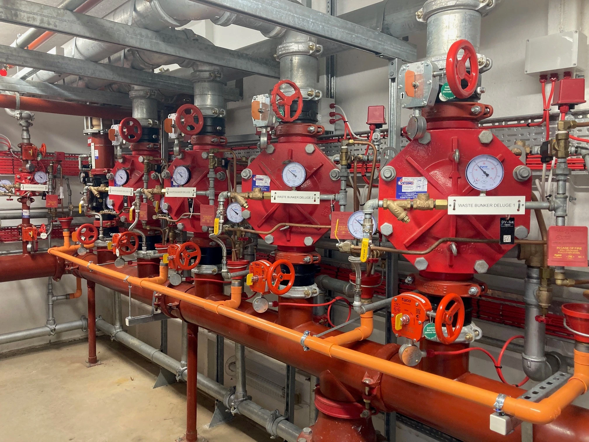 Pumps and valves providing water to Vipond fire sprinkler systems.